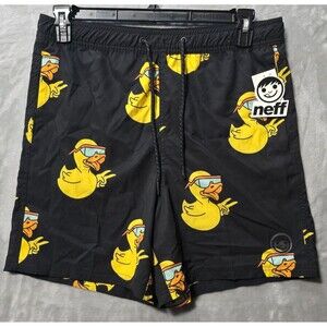 NWT Neff Swim Board Shorts Men L Black Yellow Rubber Duck Back Pocket Drawstring